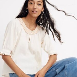 Madewell peasant blouse short sleeve crochet trim gauze cotton small